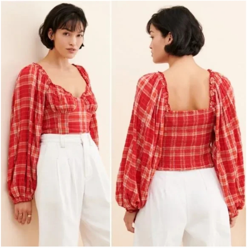 Free People Cherry Bomb Madras Plaid Blouse NWT XS